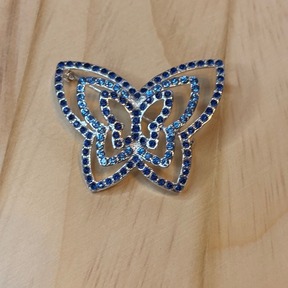 Blue Rhinestone Butterfly Brooch Silver Tone Openwork Insect Pin Jewelry
